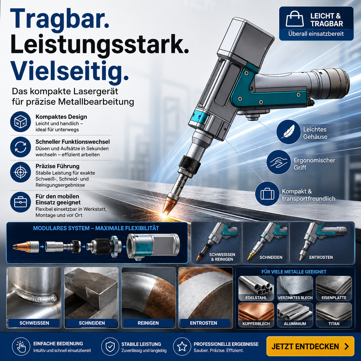 【Multifunktionales tragbares Laser-Schweißgerät】12000W 4-in-1 tragbares Laser-Schweißgerät